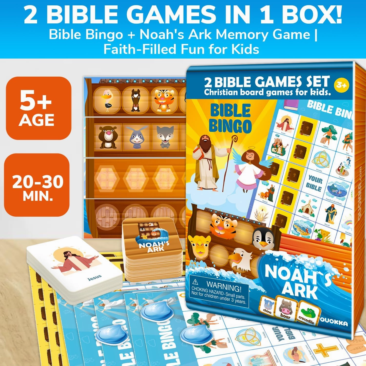 QUOKKA Noah's Ark and Bible Bingo for Kids - 2 Bible Games Set in 1 Box – Kids Bingo & Noah’s Ark Memory Board Game – Faith-Based Christian Toys for Sunday School, Homeschool, Family Game Night