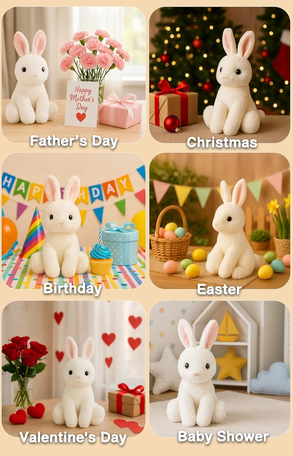 Rabbit Bunny Stuffed Animals Plush Toys with Pink Ears for Kids Girls Boys Girls Babies Birthday Easter Christmas Bedtime Gifts, Off White
