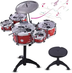 Rand Kids Jazz Drum Set – 6 Drums, Cymbal, Chair, Kick Pedal, 2 Drumsticks, Stool – Little Rockstar Kit to Stimulating Children’s Creativity, Ideal Gift Toy for Kids, Teens, Boys & Girls (red)