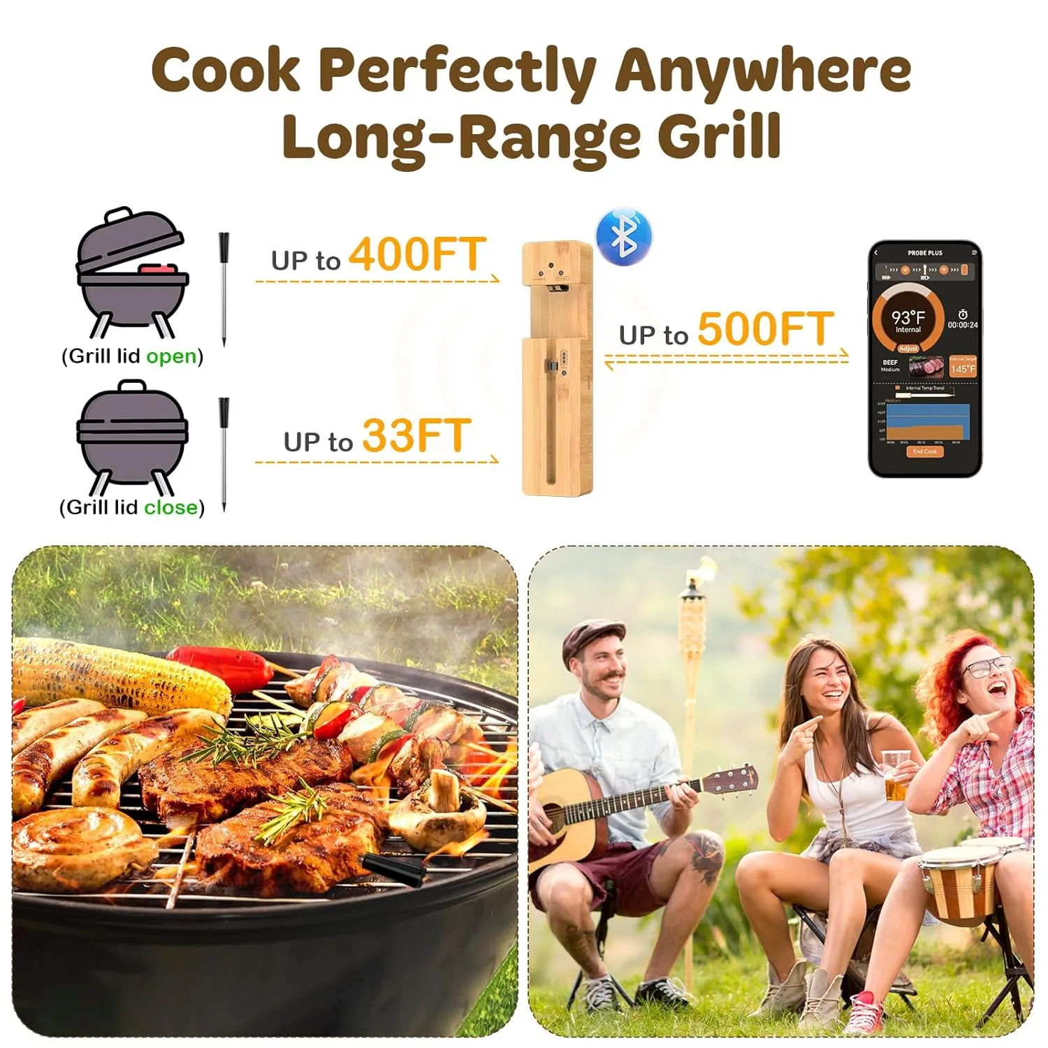 Real-Time Alerts Wireless Meat Thermometer - Smart Bluetooth Probe for BBQ, Grill, Oven, Smoker - Long Range Bluetooth, Accuracy Temp, Dishwasher Clean, Waterproof - Perfect for BBQ Lovers & Chefs