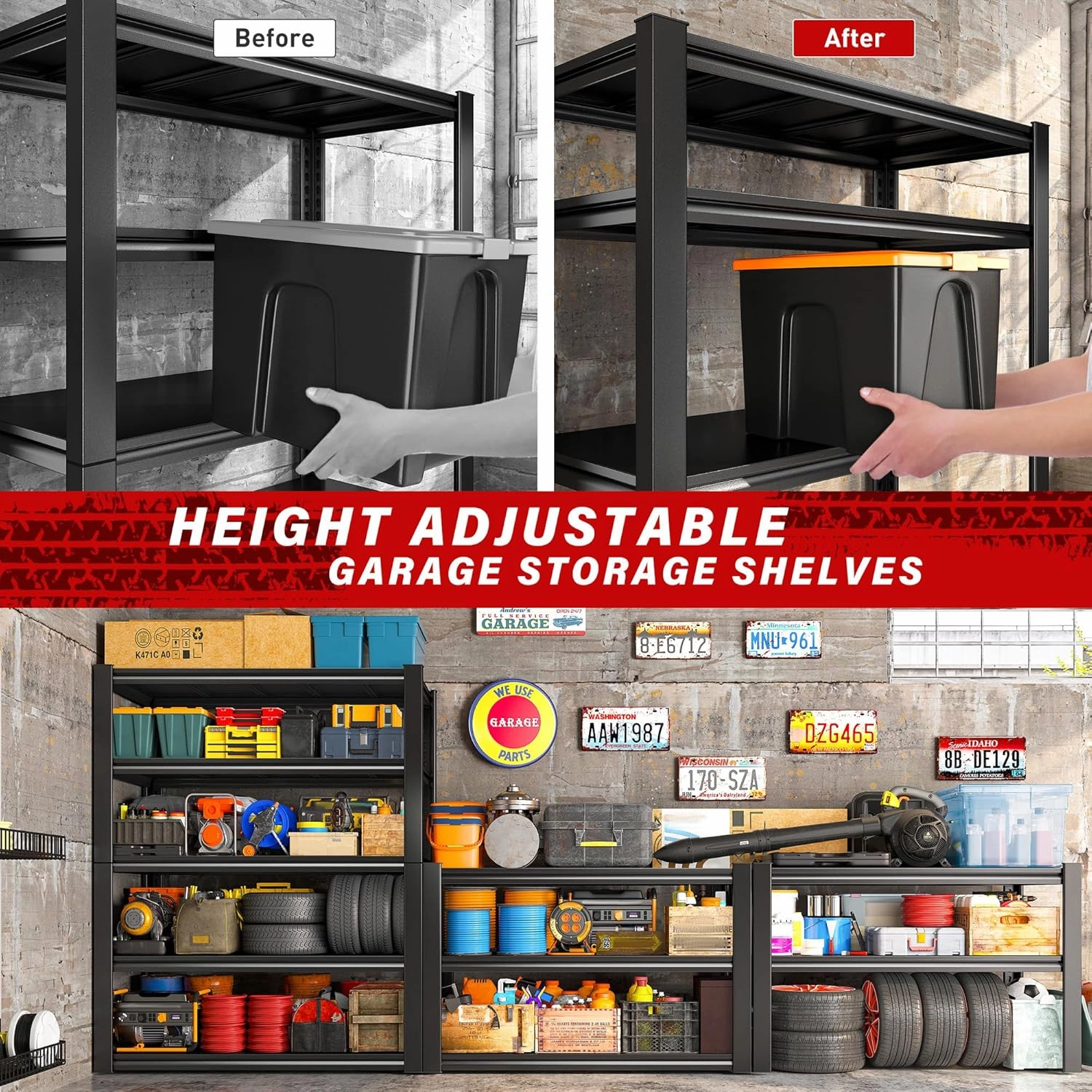 REIBII 40" W Garage Shelving, Heavy Duty Storage Shelves Load 2500LBS, 5-Tier Adjustable Metal Shelving, Garage Shelves for Warehouse, Pantry, Basement, 72" H x 40" W x 18" D