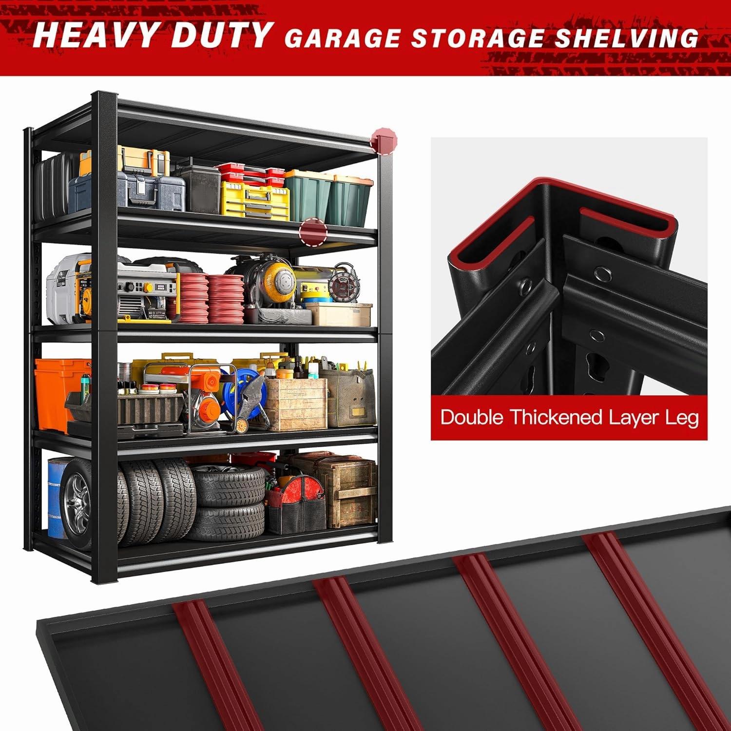 REIBII 40" W Garage Shelving, Heavy Duty Storage Shelves Load 2500LBS, 5-Tier Adjustable Metal Shelving, Garage Shelves for Warehouse, Pantry, Basement, 72" H x 40" W x 18" D