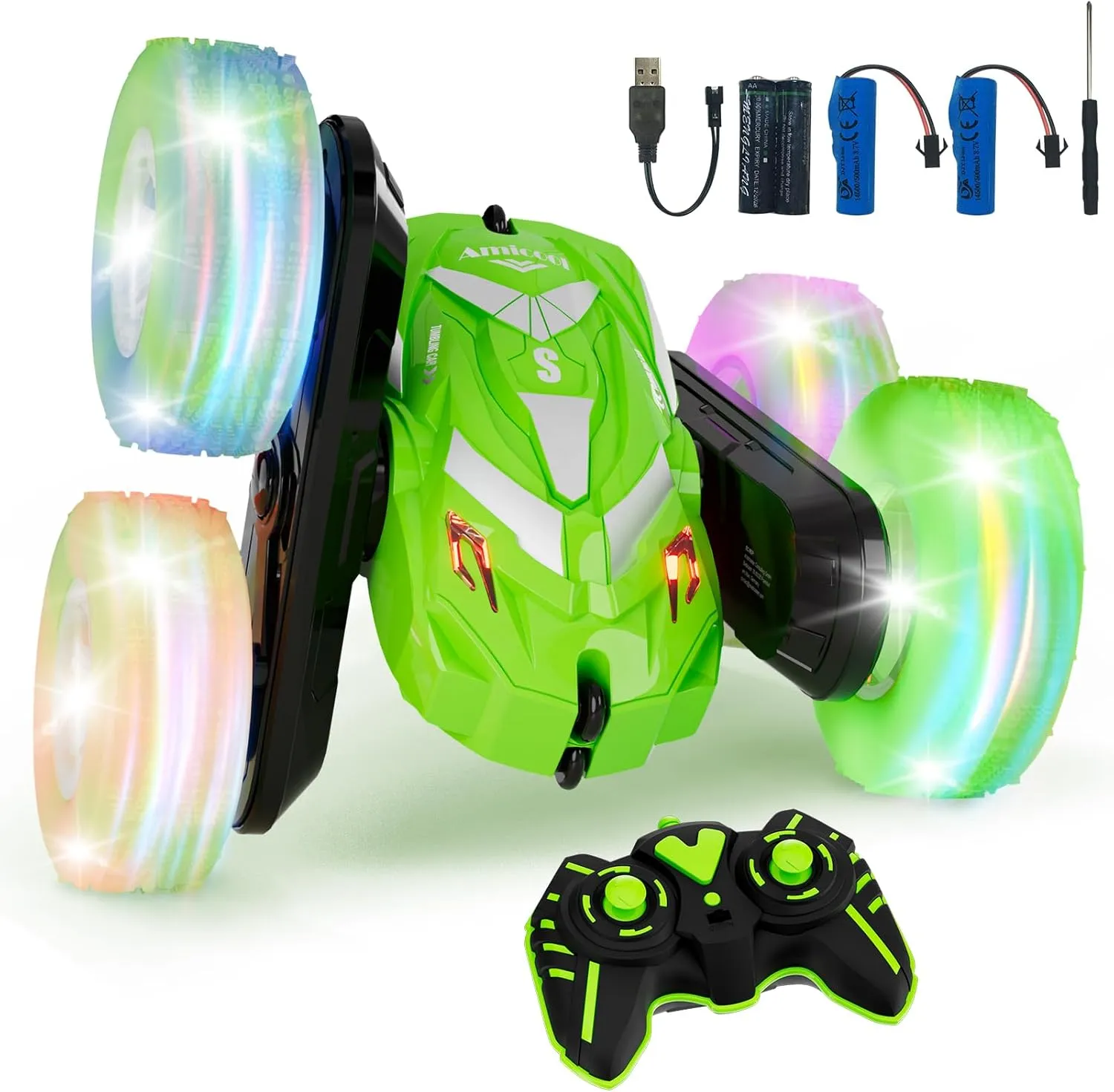 Remote Control Car for Boy 6-12 with Flashing Light, 6 7 8 9 Years Old Boy Toys, Race RC Cars Stunt Drift 4WD 2.4Ghz Double Sided 360° Flip, Boys Gift Idea for Kids Birthday Christmas, Green