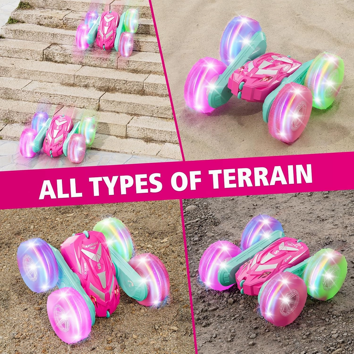 Remote Control Car for Girls 3-12 with Flashing Light, Toys 4 5 6 7 8 9 Years Old Girl Birthday Gifts Idea, RC Cars Stunt 4WD 2.4Ghz Double Sided 360° Flip, Present for Kids, Christmas, Pink