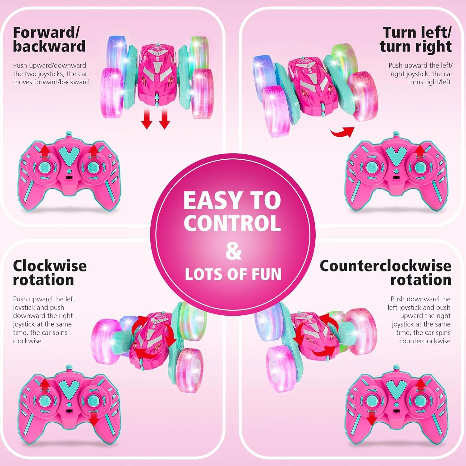 Remote Control Car for Girls 3-12 with Flashing Light, Toys 4 5 6 7 8 9 Years Old Girl Birthday Gifts Idea, RC Cars Stunt 4WD 2.4Ghz Double Sided 360° Flip, Present for Kids, Christmas, Pink