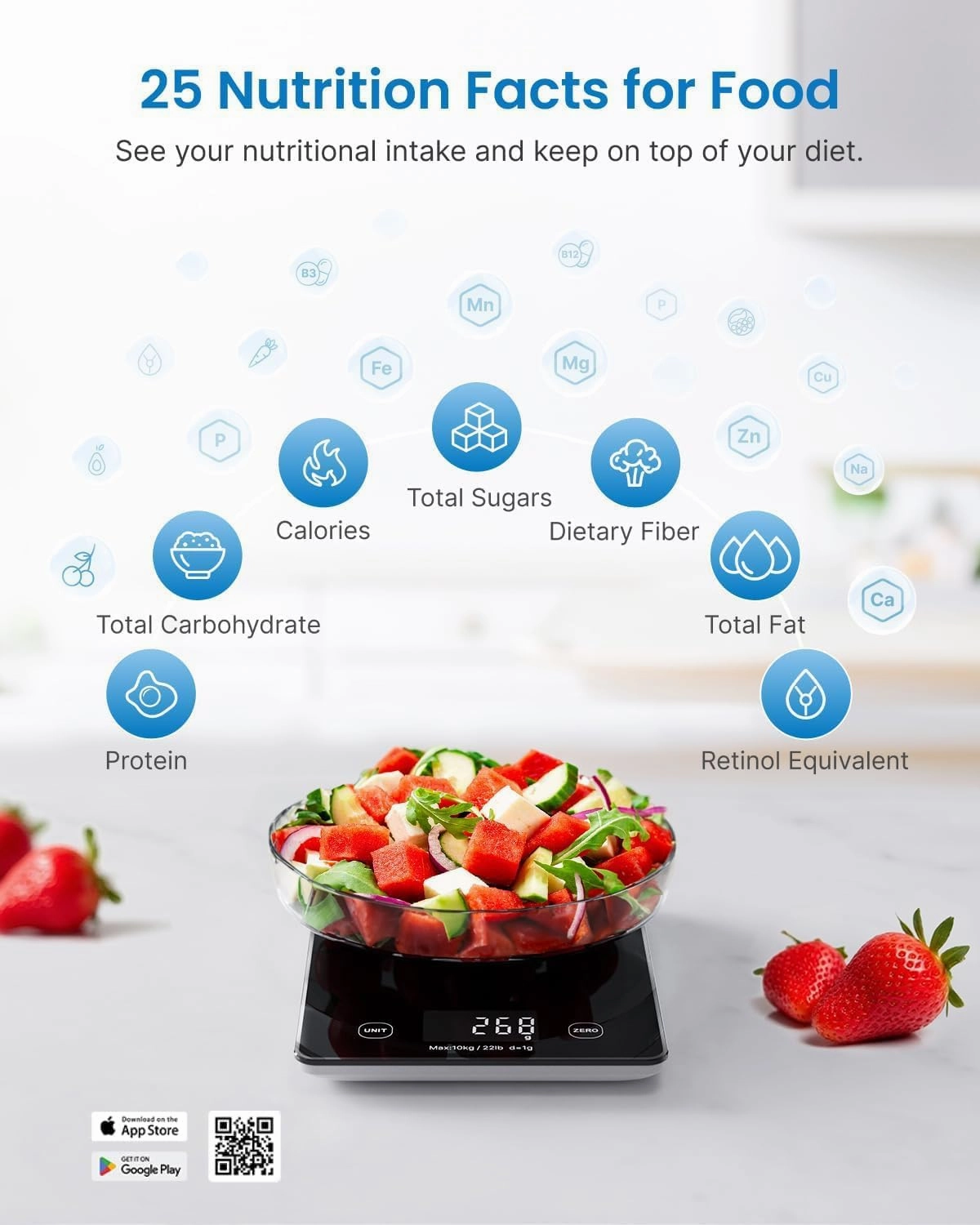 RENPHO Digital Kitchen Scale, Smart Food Weight Scale with Nutritional Calculator, Gram Scale for Weight Loss Cooking Baking Keto Macro Diet, Black Glass, 22lb/10kg