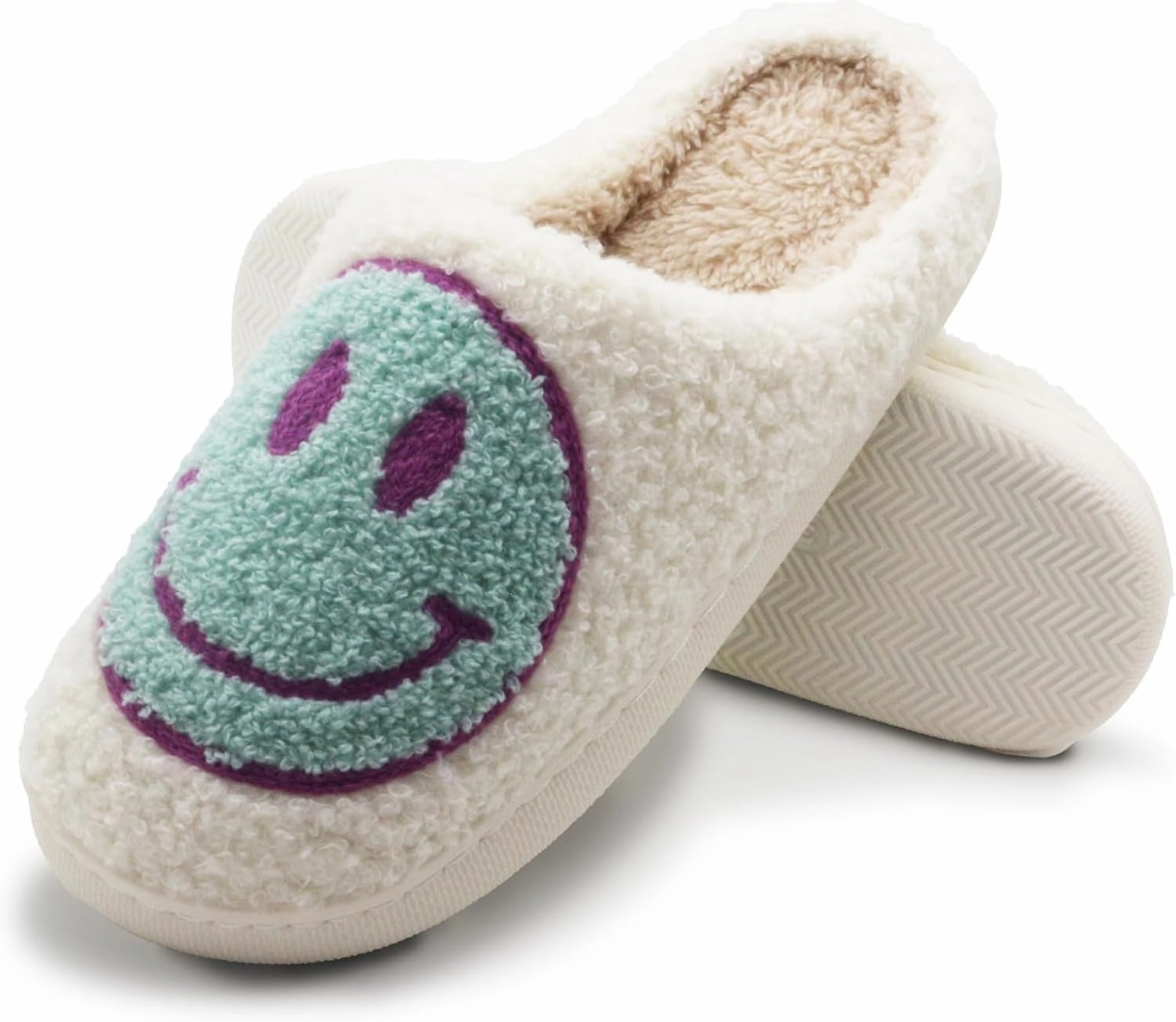 Retro Fuzzy Face Slippers for Women Men, Soft Plush Warm Slip-on Couple Style Casual Happy Face Slippers Cozy Indoor Outdoor Lightweight Anti-Skid Sole Cute House Slippers with Memory Foam