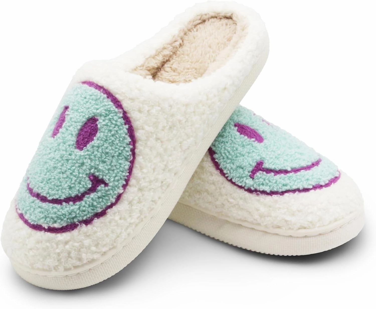 Retro Fuzzy Face Slippers for Women Men, Soft Plush Warm Slip-on Couple Style Casual Happy Face Slippers Cozy Indoor Outdoor Lightweight Anti-Skid Sole Cute House Slippers with Memory Foam