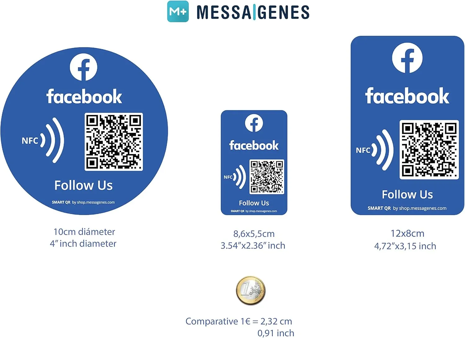 Reusable Followers and Likes Tap Sticker for Facebook - 2-Stickers Pack - QR&Tap Sticker - Follow us on Facebook Tap Sticker - iPhone&Android - Boost My Followers Sticker - Set Up at Home| MESSAGENES