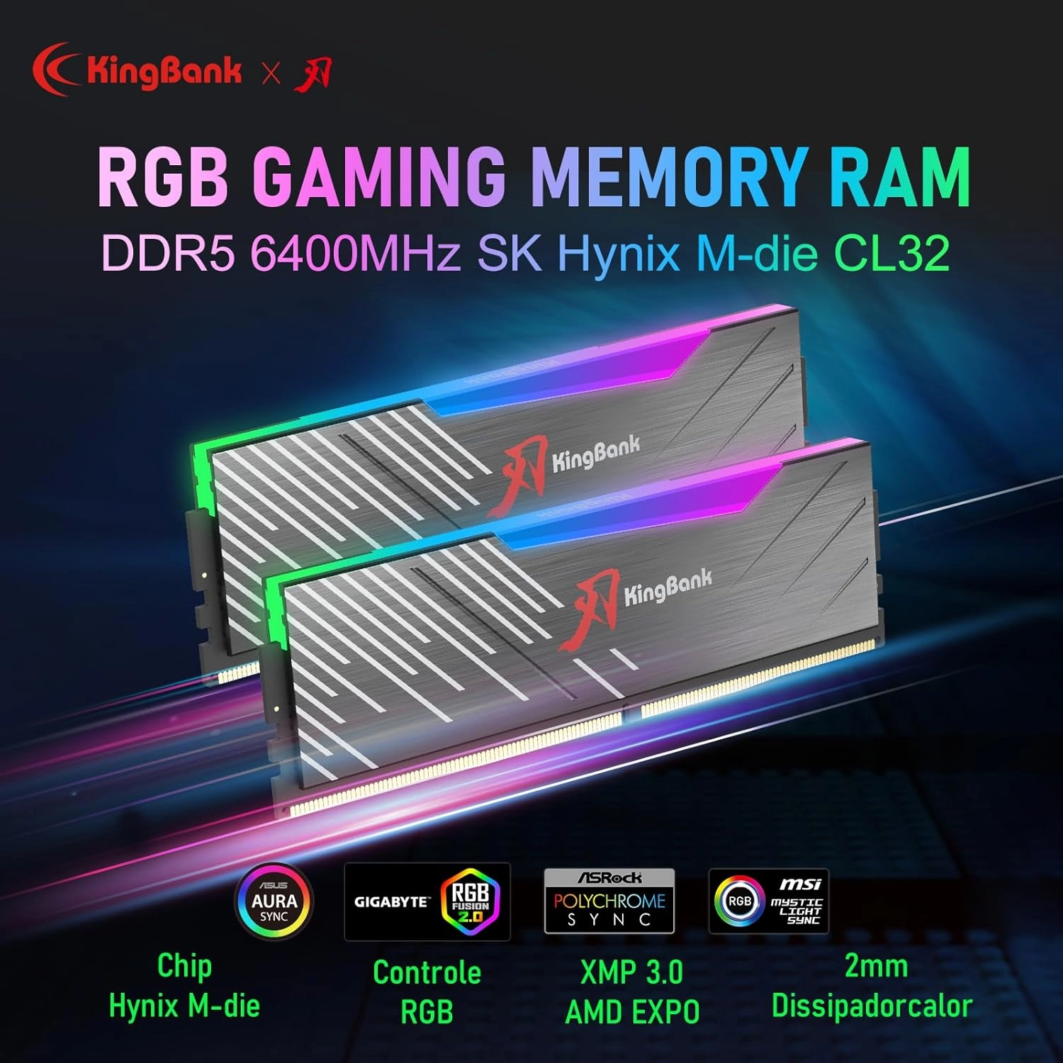 RGB Computer Desktop Memory Ram Hynix M-die DDR5 32GB(2x16GB) 6400MT/s CL32 1.4V with Heatsink for PC Gaming/Office/PS,Black