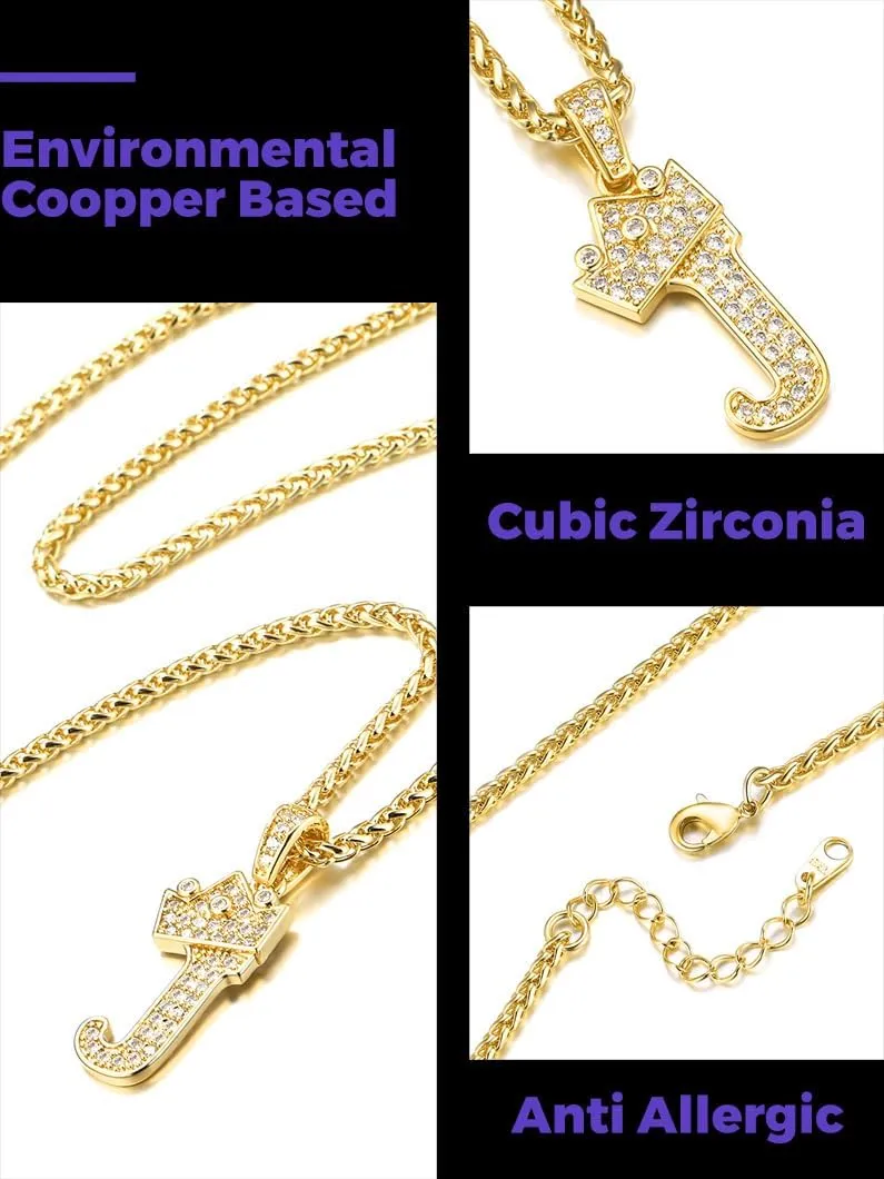 Richsteel Initial Necklace for Men A-Z 18K Gold Plated Crown Shiny Cubic Zirconia Monogram Pendant for Women Fashion Jewelry