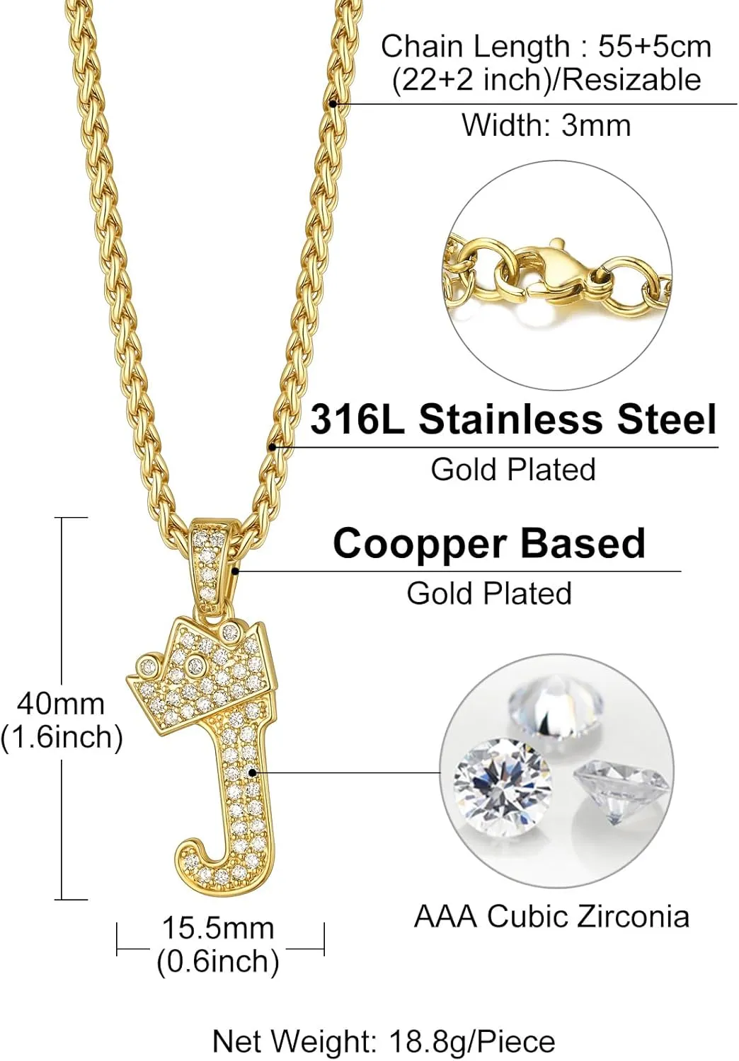 Richsteel Initial Necklace for Men A-Z 18K Gold Plated Crown Shiny Cubic Zirconia Monogram Pendant for Women Fashion Jewelry