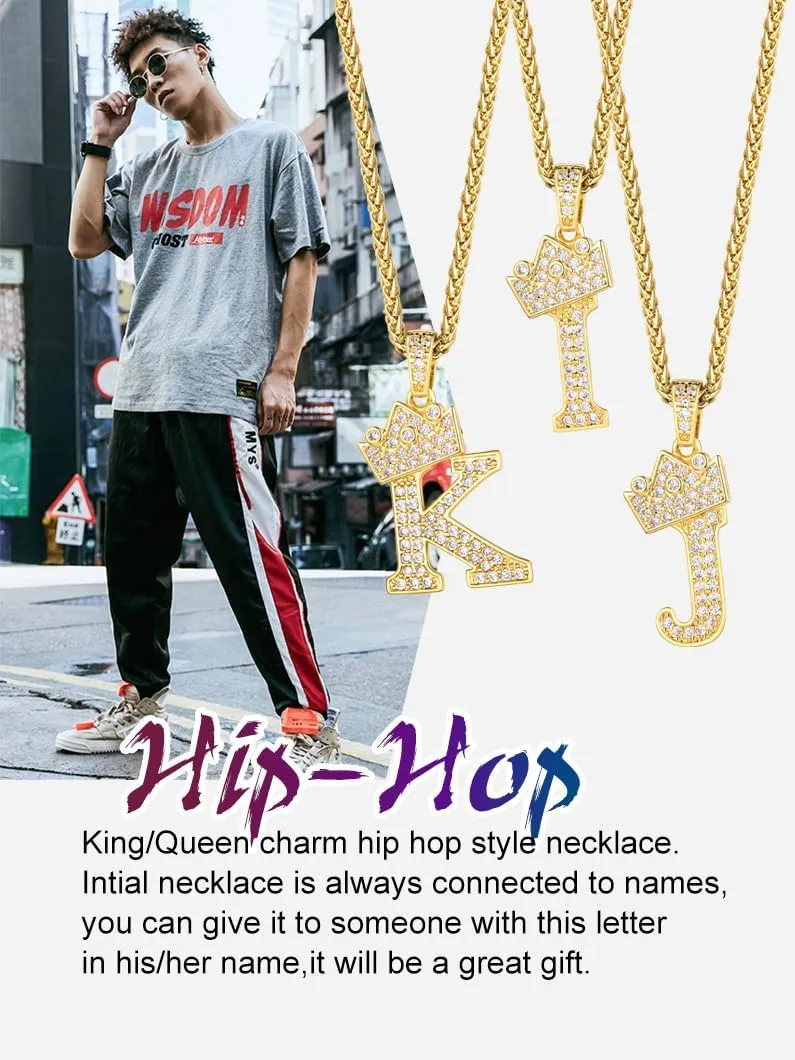 Richsteel Initial Necklace for Men A-Z 18K Gold Plated Crown Shiny Cubic Zirconia Monogram Pendant for Women Fashion Jewelry