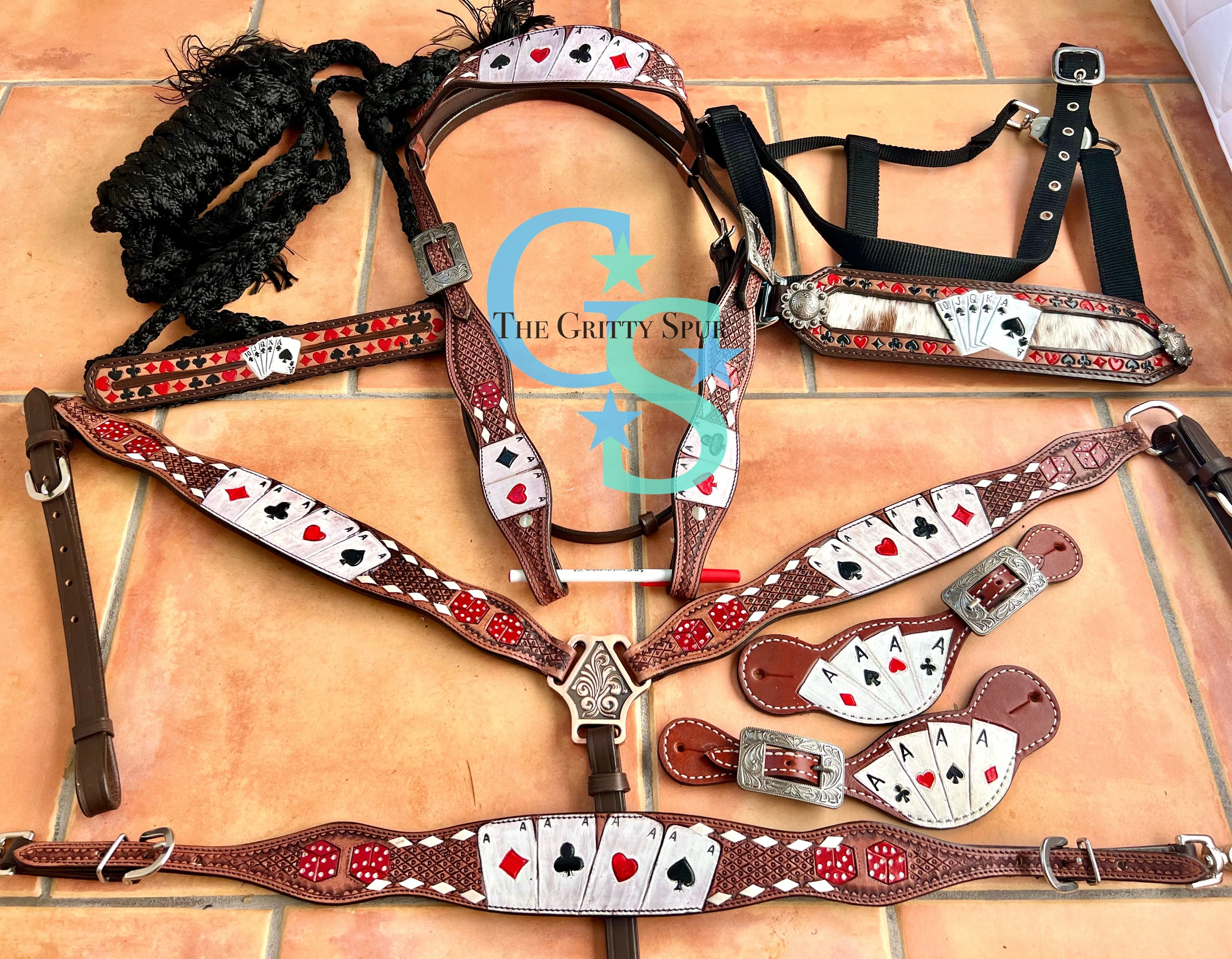 Rider's Luck Tooled Leather Browband Headstall and Breast Collar Set