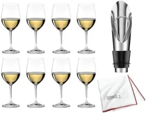 Riedel Vinum Chablis Chardonnay Wine Glass (8-Pack) Bundle with Wine Pourer and Large Microfiber Polishing Cloth (3 Items)