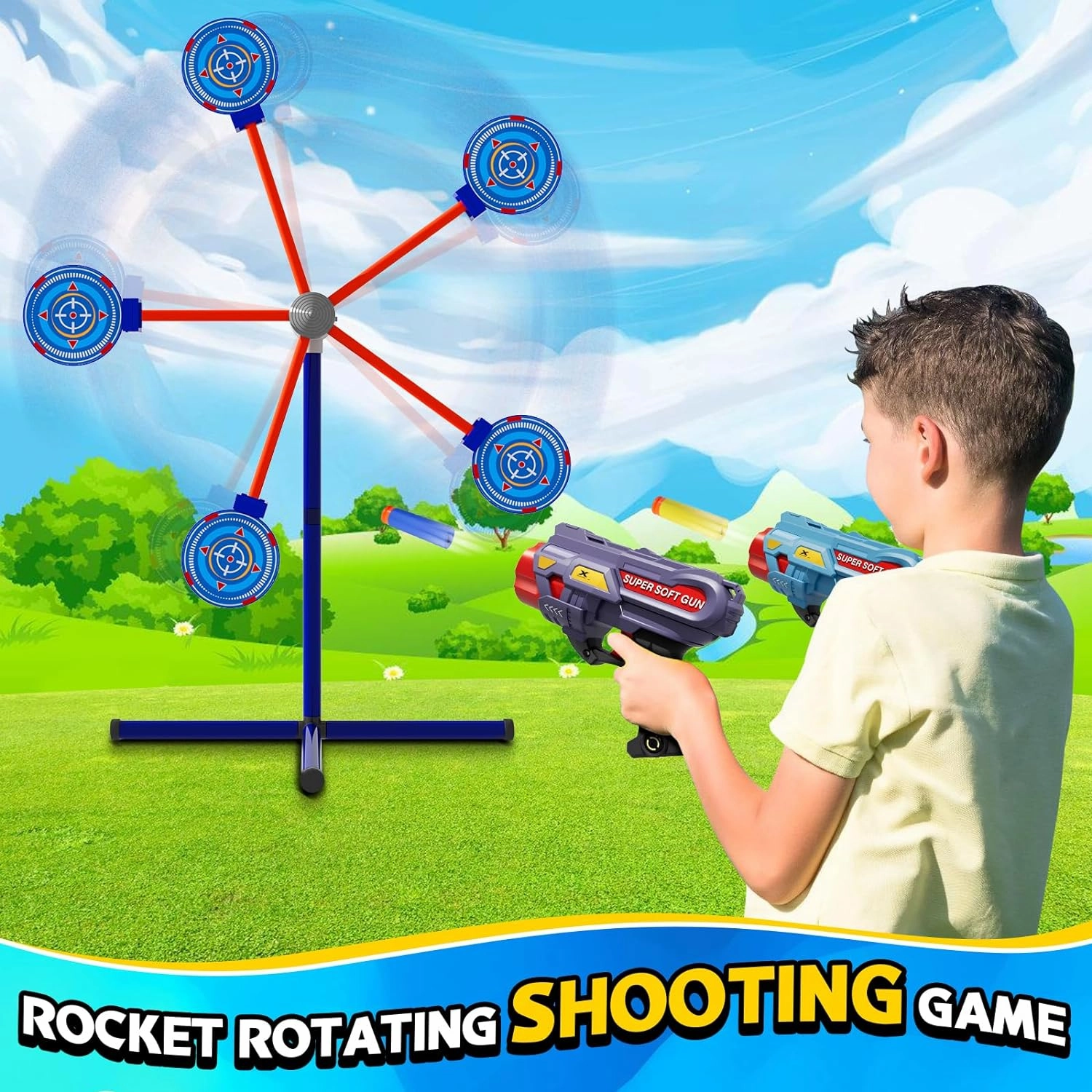 Rocket Shooting Games Toys with Rotating Target 2 Toy Guns 20 Foam Darts Kids Outdoor Toys for Boys Age 5 6 7 8 9 10  Year Old Carnival Games Compatible with Nerf Guns