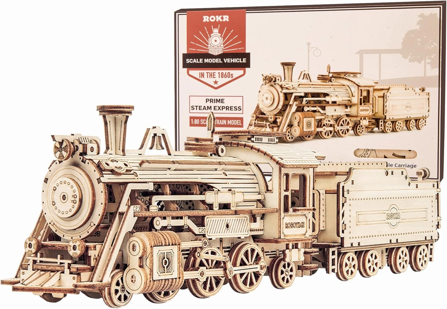 ROKR 3D Wooden Puzzle for Adults-Mechanical Train Model Kits-Brain Teaser Puzzles-Vehicle Building Kits-Unique Gift for Kids on Birthday/Christmas Day(1:80 Scale)(MC501-Prime Steam Express)