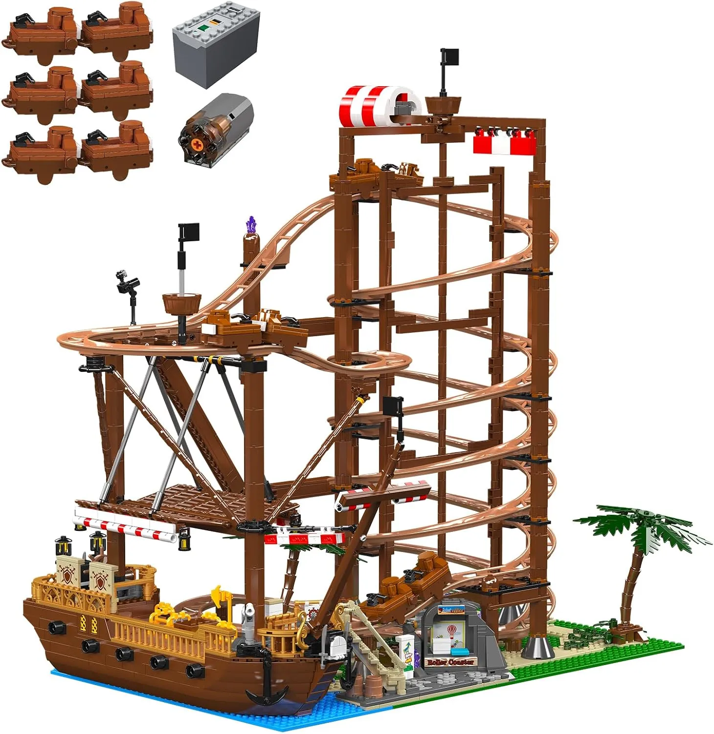 Roller-Coaster Building Set, Motorized Electric Pirate Ship Track, City Amusement Park Toy for Boy Girl Ages 6 7 8 9 , Birthday Gifts for Adult Kid Teen, Theme Construction Collection 2174pcs
