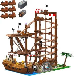 Roller-Coaster Building Set, Motorized Electric Pirate Ship Track, City Amusement Park Toy for Boy Girl Ages 6 7 8 9 , Birthday Gifts for Adult Kid Teen, Theme Construction Collection 2174pcs