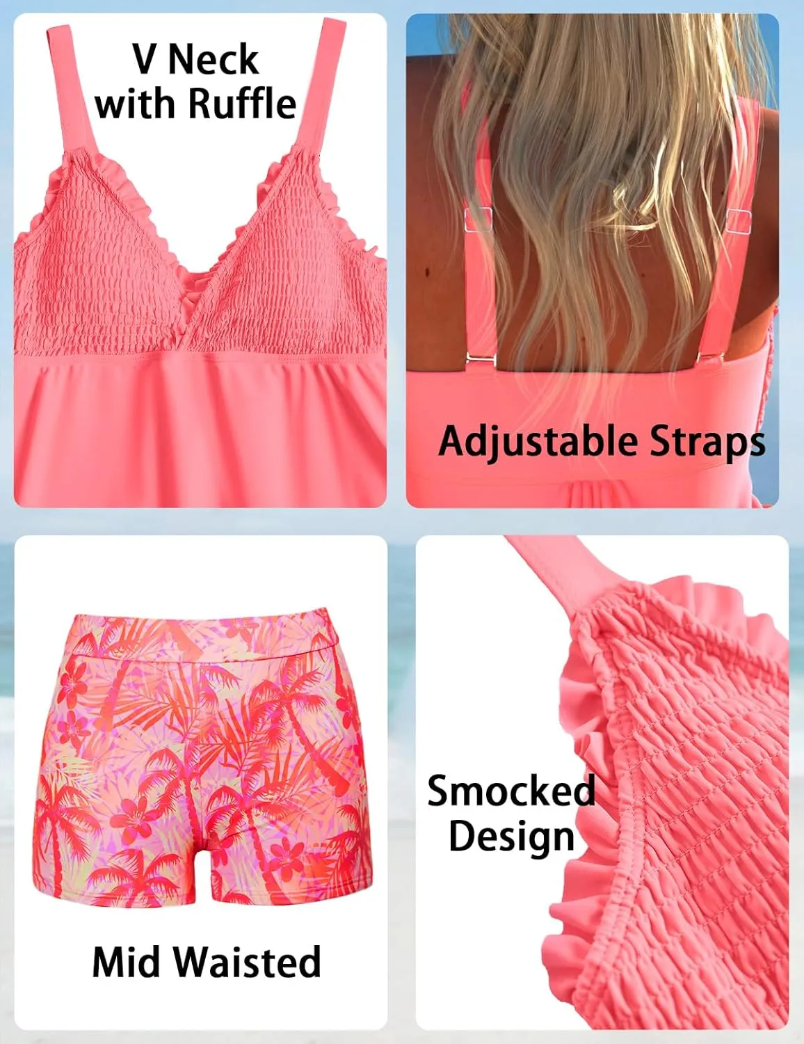 ROSEWE Womens Tankini Bathing Suits, Two-Piece Smocked Swim Dress, Print Swimsuits with Board Shorts