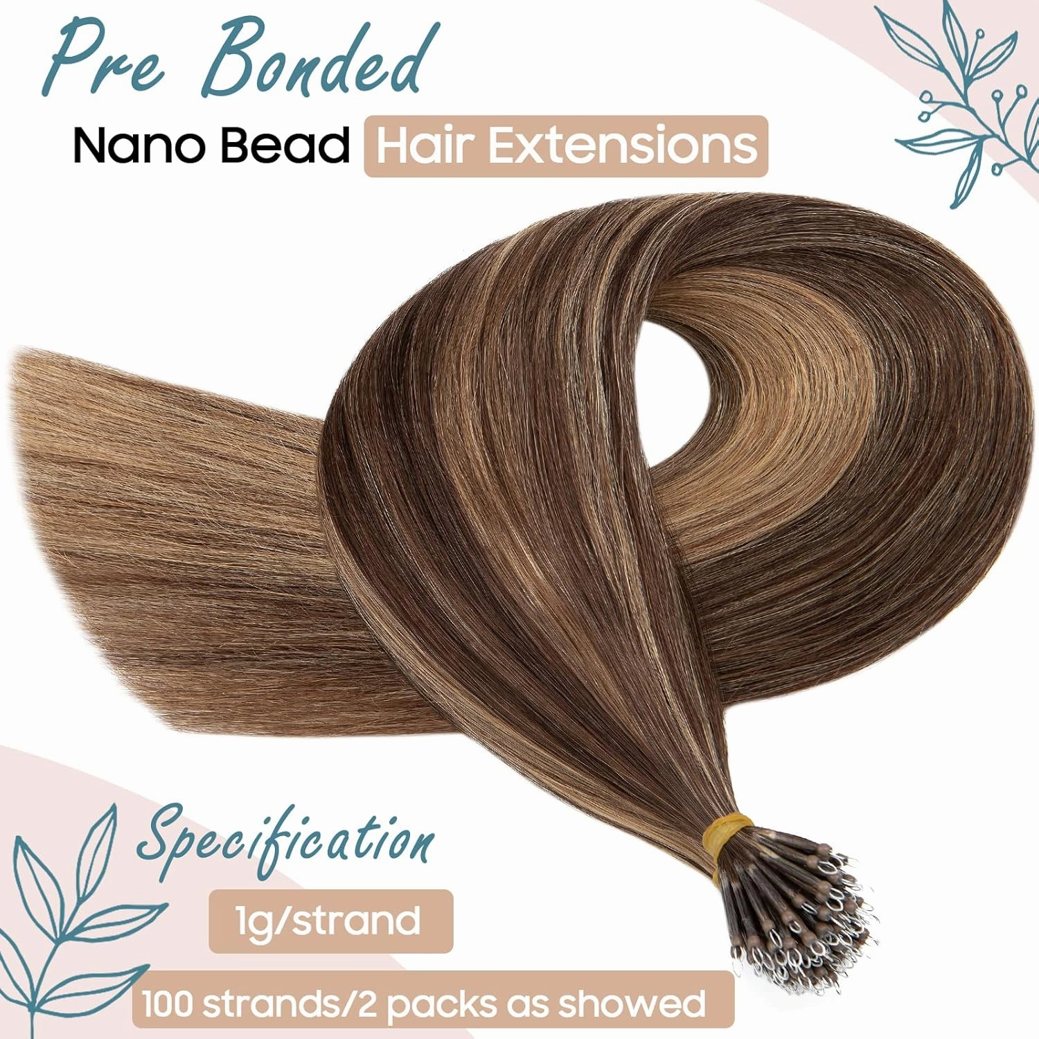 S-noilite Nano Bead Hair Extensions Human Hair Nano Ring Hair Extensions Balayage Pre Bonded Nano Tip Human Hair Extensions Nano Link Hair 50g 50 Strands 20 Inch #4 Medium Brown