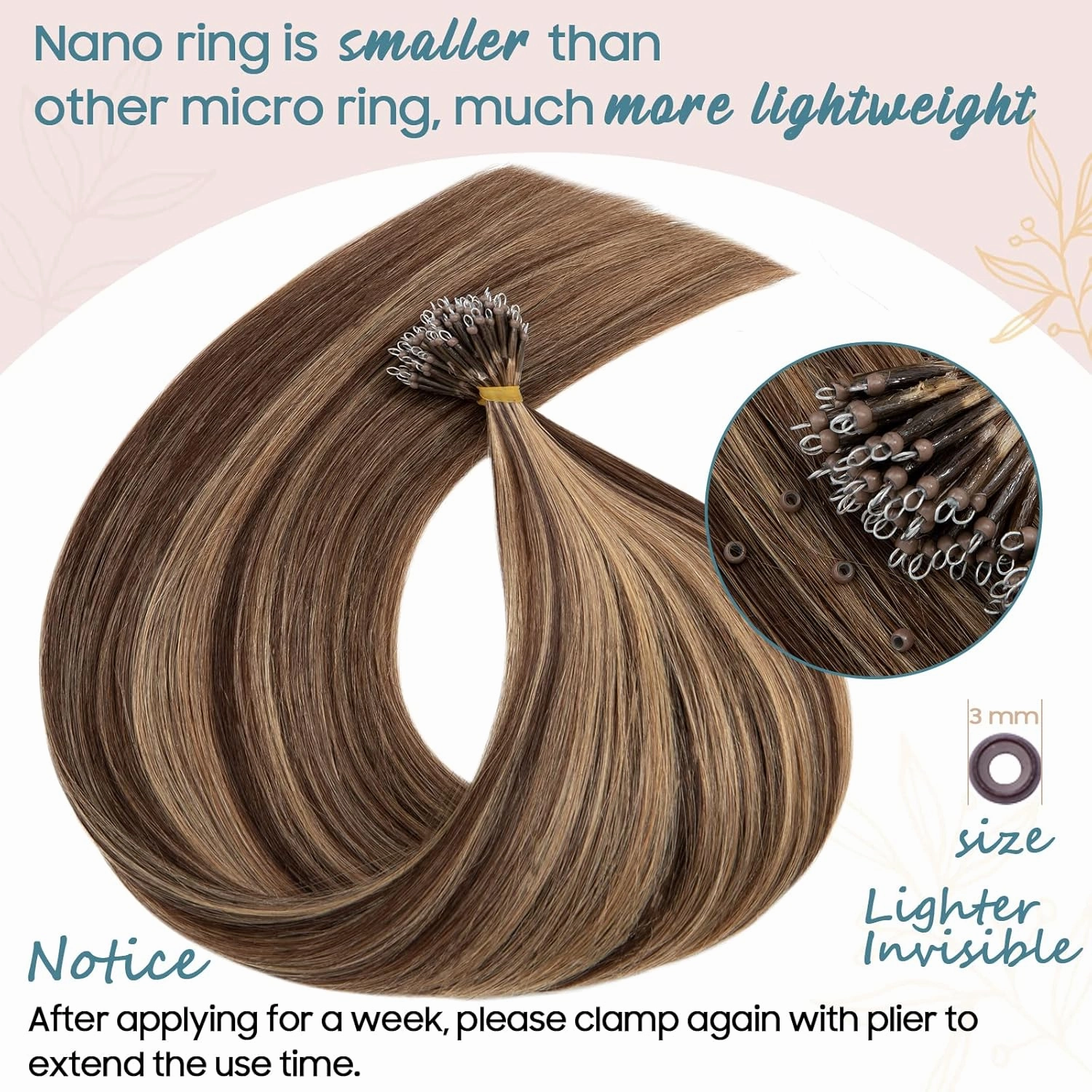 S-noilite Nano Bead Hair Extensions Human Hair Nano Ring Hair Extensions Balayage Pre Bonded Nano Tip Human Hair Extensions Nano Link Hair 50g 50 Strands 20 Inch #4 Medium Brown
