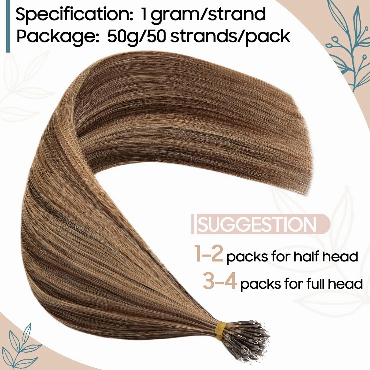 S-noilite Nano Bead Hair Extensions Human Hair Nano Ring Hair Extensions Balayage Pre Bonded Nano Tip Human Hair Extensions Nano Link Hair 50g 50 Strands 20 Inch #4 Medium Brown