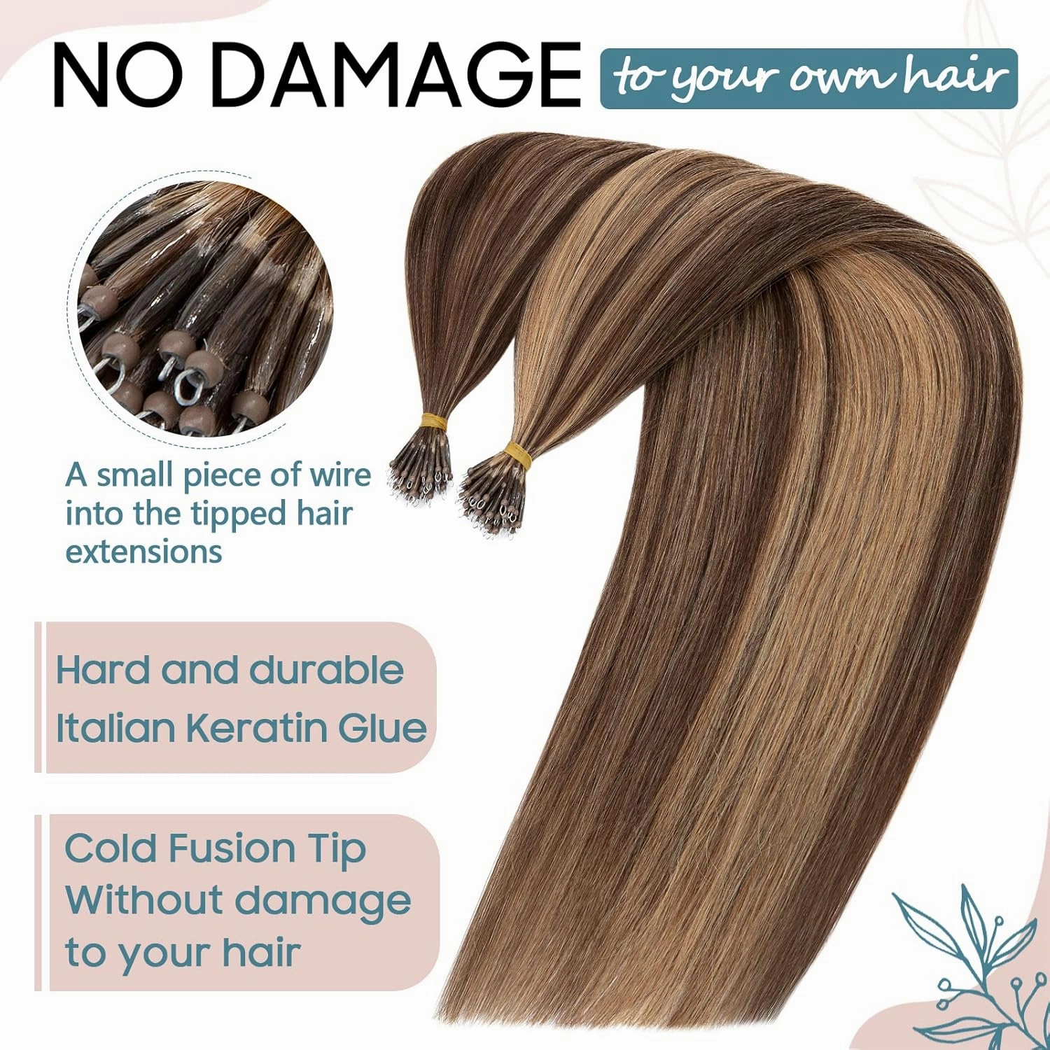 S-noilite Nano Bead Hair Extensions Human Hair Nano Ring Hair Extensions Balayage Pre Bonded Nano Tip Human Hair Extensions Nano Link Hair 50g 50 Strands 20 Inch #4 Medium Brown
