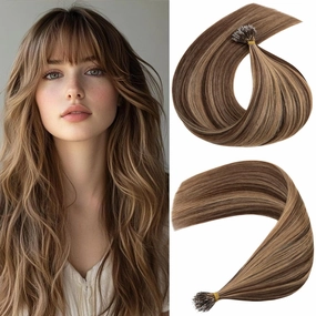 S-noilite Nano Bead Hair Extensions Human Hair Nano Ring Hair Extensions Balayage Pre Bonded Nano Tip Human Hair Extensions Nano Link Hair 50g 50 Strands 20 Inch #4 Medium Brown