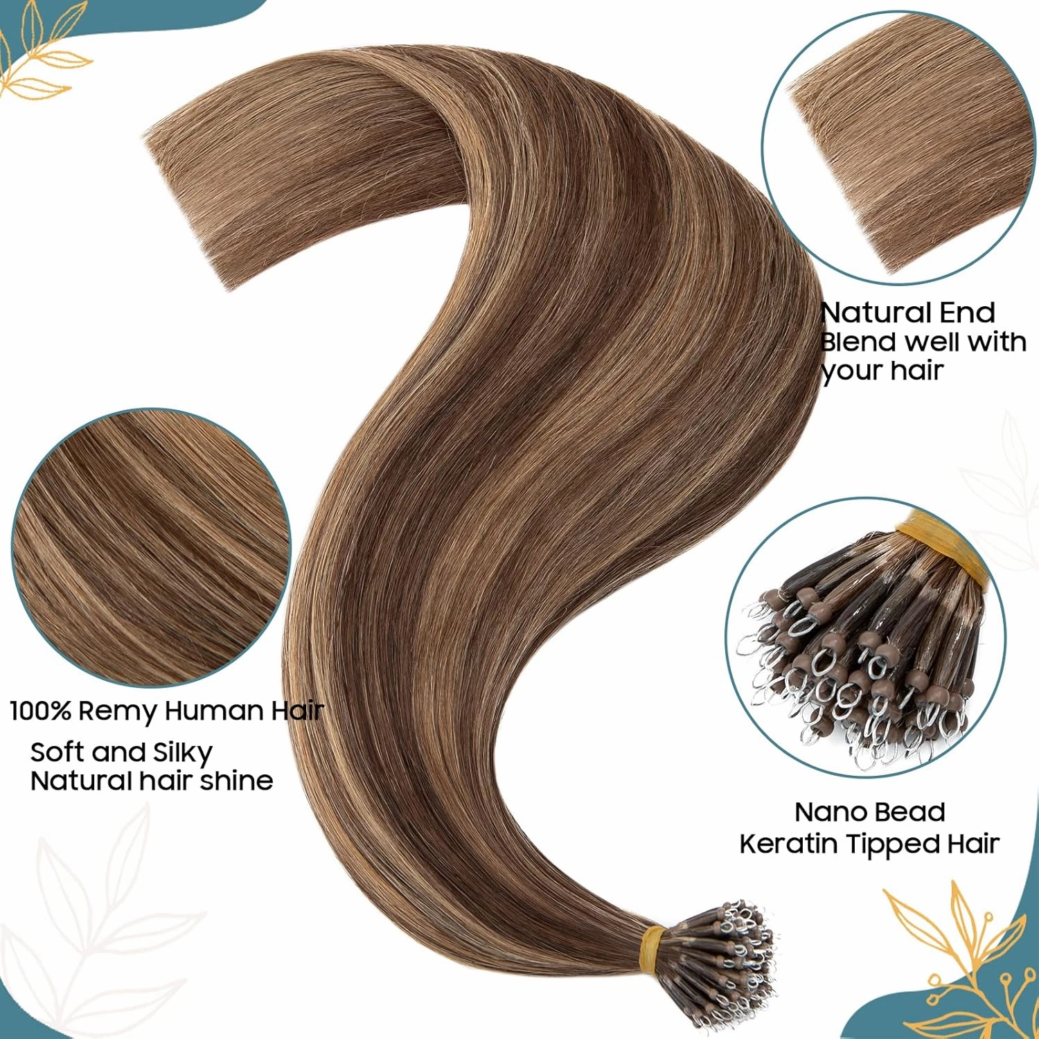S-noilite Nano Bead Hair Extensions Human Hair Nano Ring Hair Extensions Balayage Pre Bonded Nano Tip Human Hair Extensions Nano Link Hair 50g 50 Strands 20 Inch #4 Medium Brown