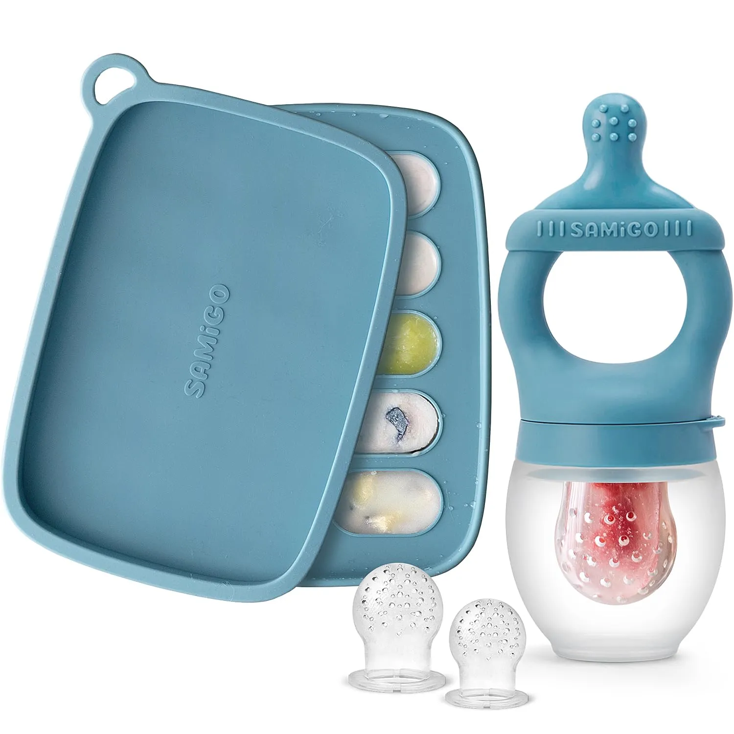 SAMiGO Baby Food Fruit Feeder and Breastmilk Popsicle Mold Set, Silicone Fruit Teether, Food Feeder Pacifier for Teething Relief, Freezer Tray, Baby Feeding Essentials, 4 Months 