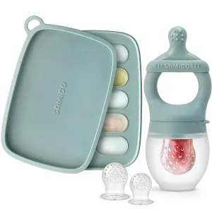 SAMiGO Baby Food Fruit Feeder and Breastmilk Popsicle Mold Set, Silicone Fruit Teether, Food Feeder Pacifier for Teething Relief, Freezer Tray, Baby Feeding Essentials, 4 Months 