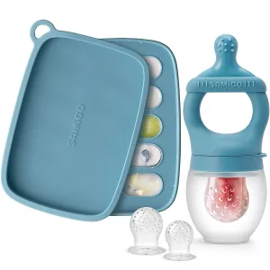 SAMiGO Baby Food Fruit Feeder and Breastmilk Popsicle Mold Set, Silicone Fruit Teether, Food Feeder Pacifier for Teething Relief, Freezer Tray, Baby Feeding Essentials, 4 Months 