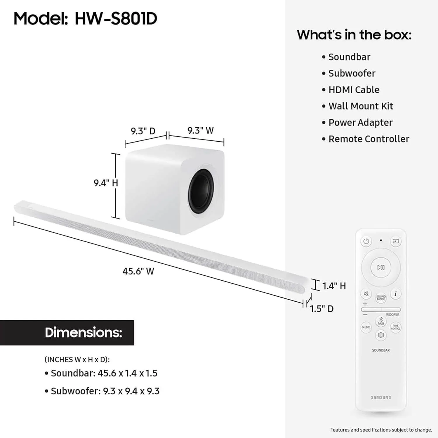SAMSUNG S801D 3.1.2ch Soundbar w/Wireless Dolby Atmos Audio, Ultra Slim Design, Q-Symphony, SpaceFit Sound Pro, Adaptive Sound, Game Mode Pro with Alexa Built-in, HW-S801D/ZA