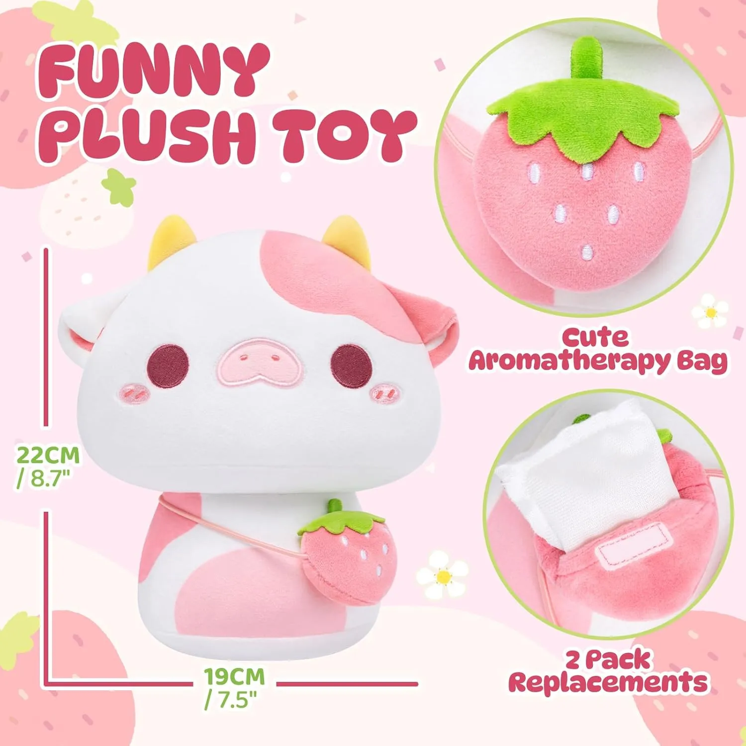 Scented Plush Strawberry Cow, Strawberry-Scented Stuffed Animal Pillow with Sweet Microbeads, Soft Squishy Hugging Pillow for Kids, Teens & Adults, Cozy Kawaii Room Decor