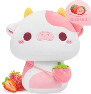 Scented Plush Strawberry Cow, Strawberry-Scented Stuffed Animal Pillow with Sweet Microbeads, Soft Squishy Hugging Pillow for Kids, Teens & Adults, Cozy Kawaii Room Decor