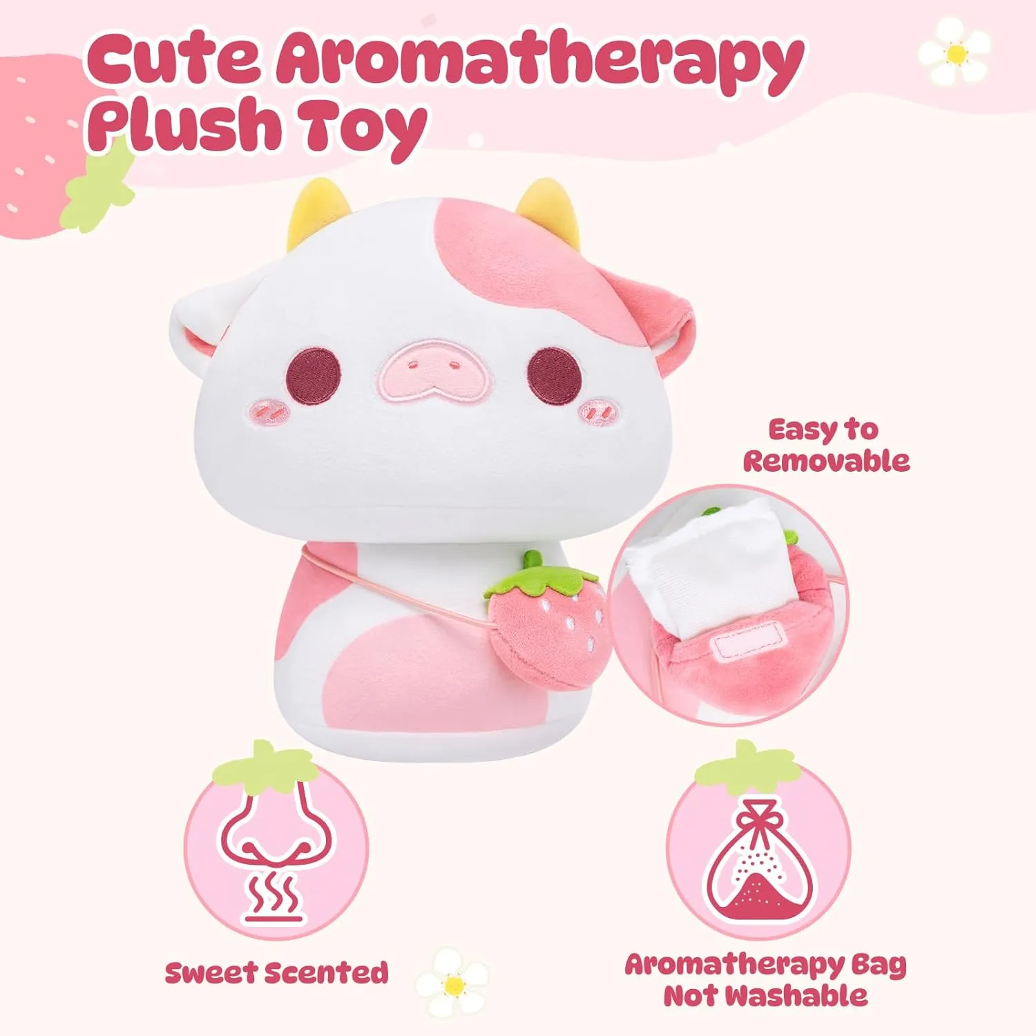 Scented Plush Strawberry Cow, Strawberry-Scented Stuffed Animal Pillow with Sweet Microbeads, Soft Squishy Hugging Pillow for Kids, Teens & Adults, Cozy Kawaii Room Decor