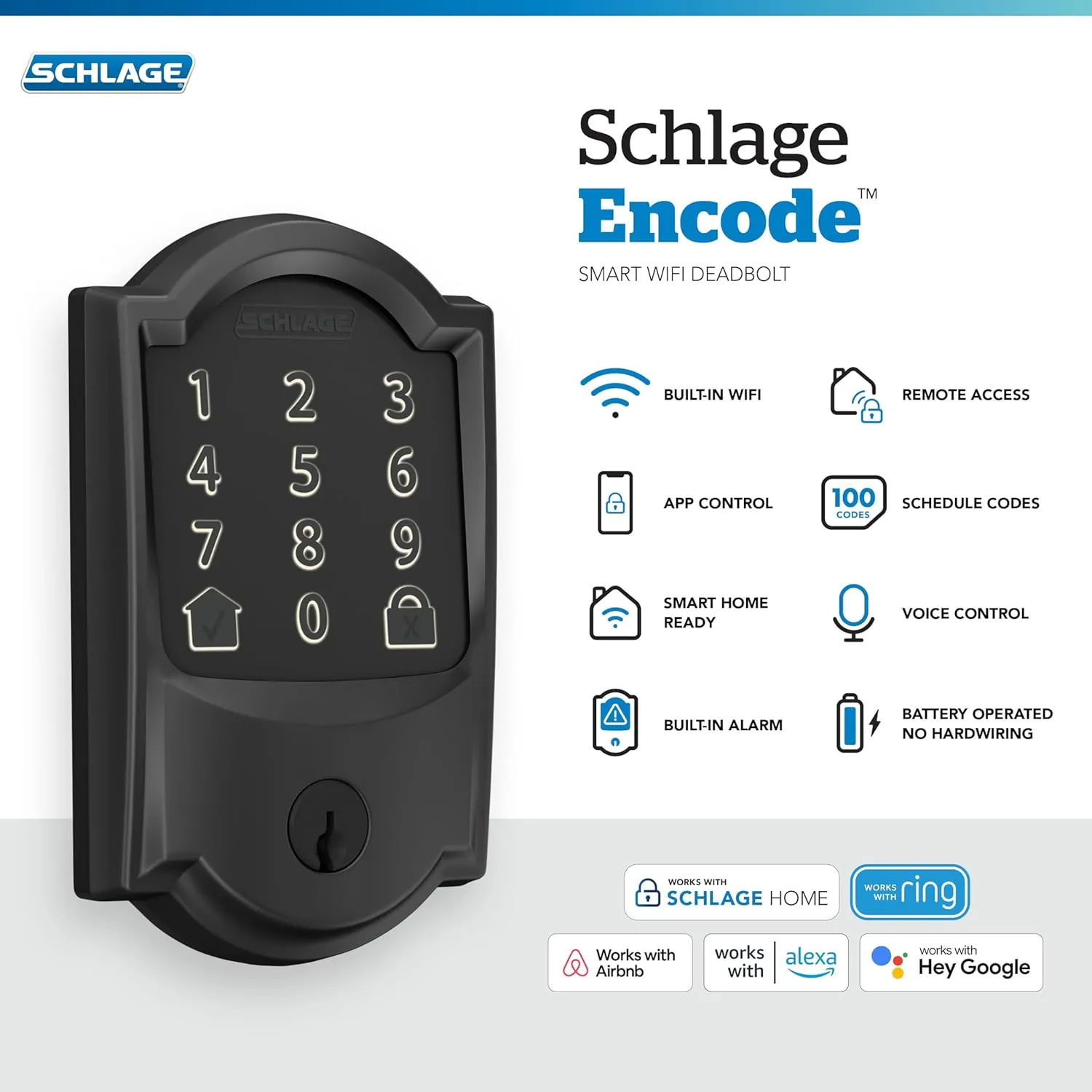 Schlage Encode Smart WiFi Deadbolt Lock for Front Door - Keyless Entry with App or Touchscreen - Works with Alexa, Apple HomeKit, Hey Google, & Airbnb - Create Codes for Guests - Matte Black