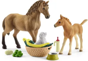 Schleich Horse Club, Horse Toys for Girls and Boys, Sarah's Baby Animal Care Horse Set with Horse Toy and Baby Animals, 9 pieces, Ages 5 