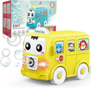 School Bus Bubble Maker with Musical Sliding Action -Bubble Machine, Bubbles, Bubbles for Kids, Bubble Solution, Bubble Machine for Kids, Summer Toys, Bubble Machine for Parties, Toddler Beach Toys
