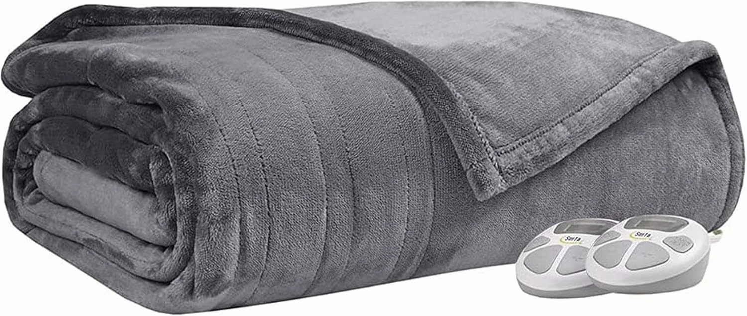 Serta Luxuriously Soft Plush Electric Blanket Fast Heating Cozy Cover, Safety Auto Shut Off Timer, Low EMF, Multi Heat Setting, ETL Certified, Machine Washable, Grey Queen (90 in x 84 in)