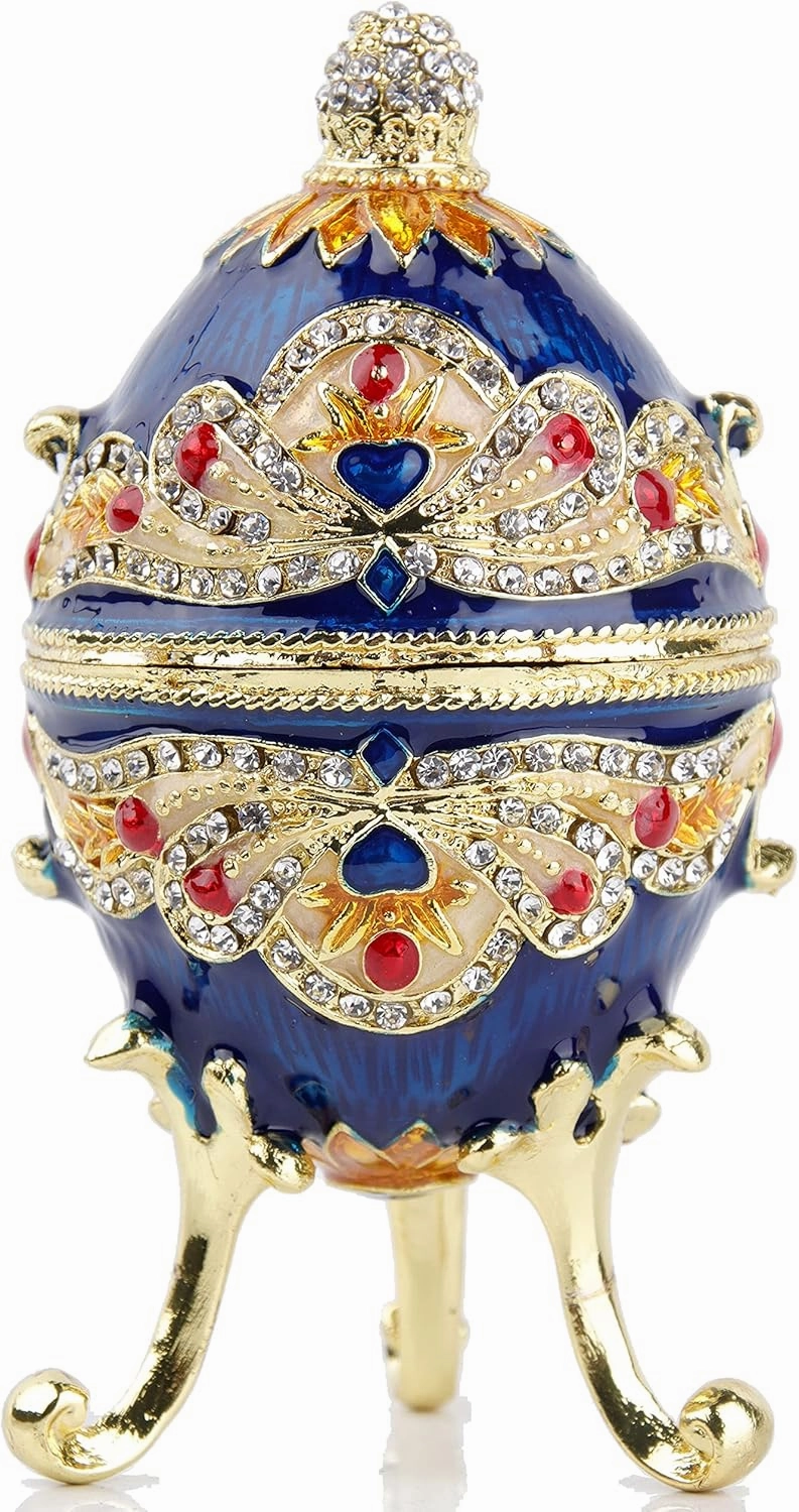 SEVENBEES Luxury Russian Faberge Egg Trinket Box Hinged Jewelry Box Hand Painted Enameled Faberge Egg Collectibles Gift with Austrian crystal