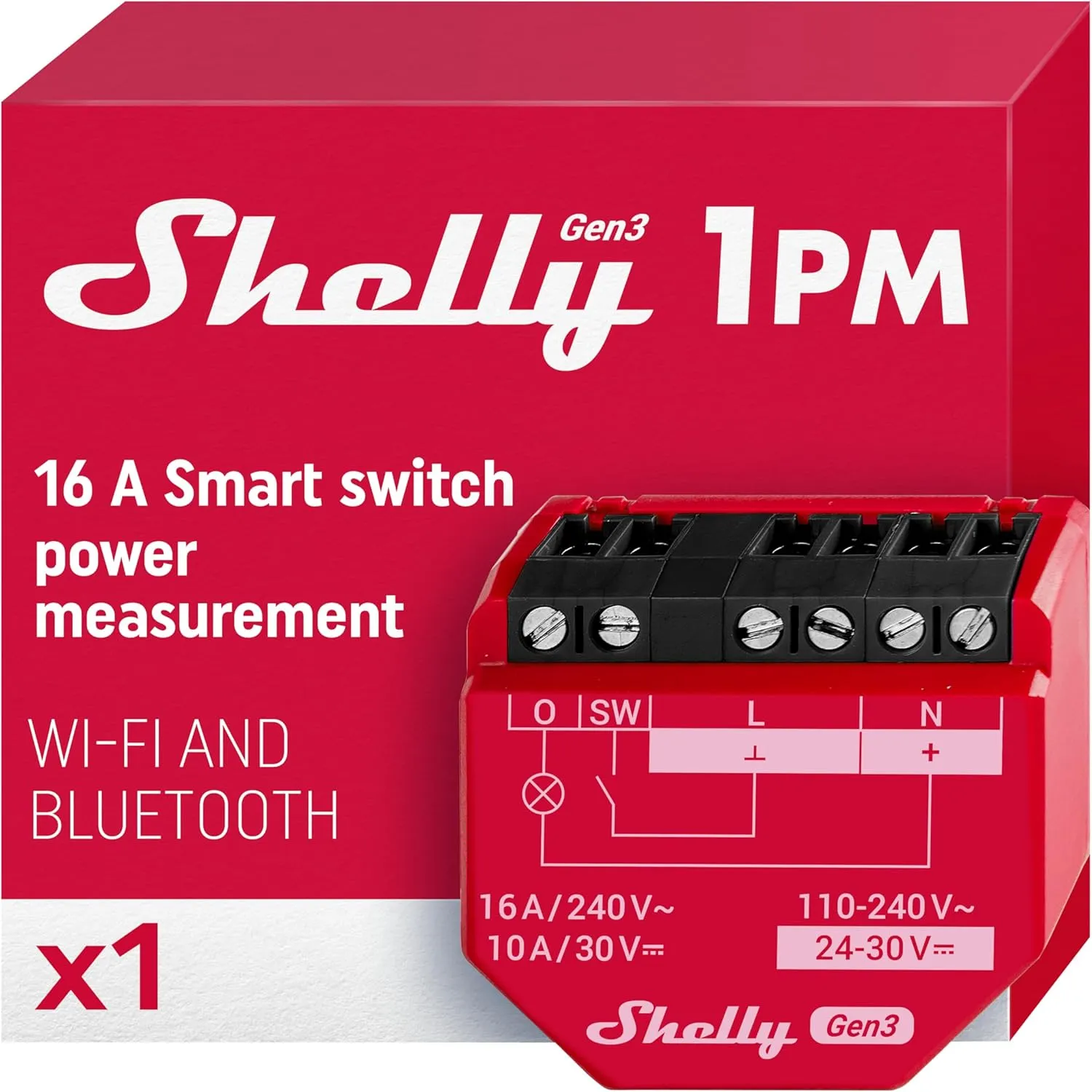 Shelly 1PM Gen3 | WiFi Smart Relay Switch with Power Metering, 1-Channel 16A | Home Automation | Compatible with Alexa & Google Home | iOS Android App | No Hub | Wireless Lighting Control