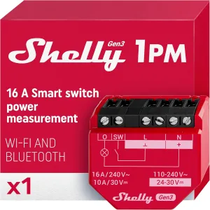 Shelly 1PM Gen3 | WiFi Smart Relay Switch with Power Metering, 1-Channel 16A | Home Automation | Compatible with Alexa & Google Home | iOS Android App | No Hub | Wireless Lighting Control