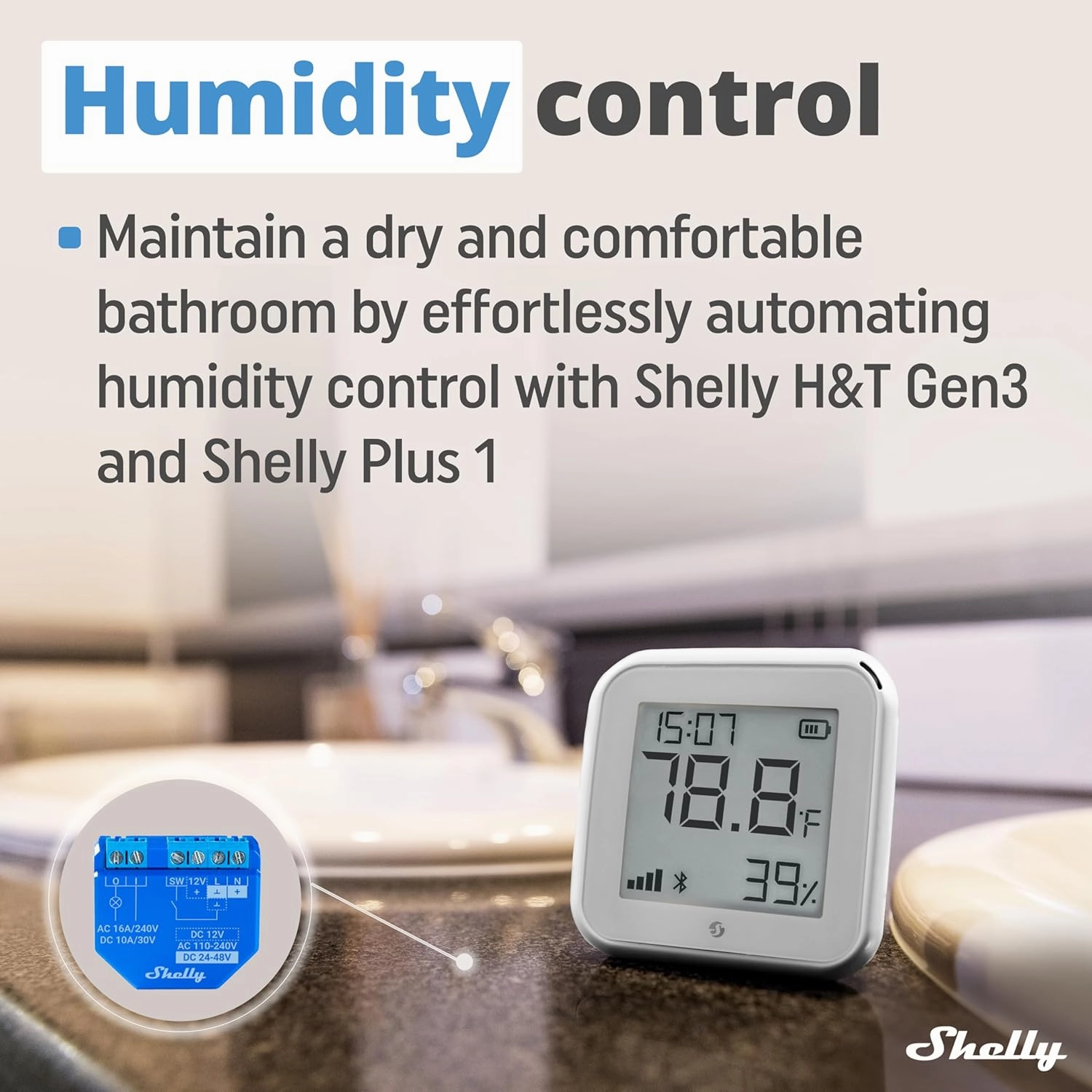 Shelly H&T Gen3 White | Wi-Fi & Bluetooth Smart Temperature & Humidity Sensor with Remote App Control | Smart Scenes | LCD Display