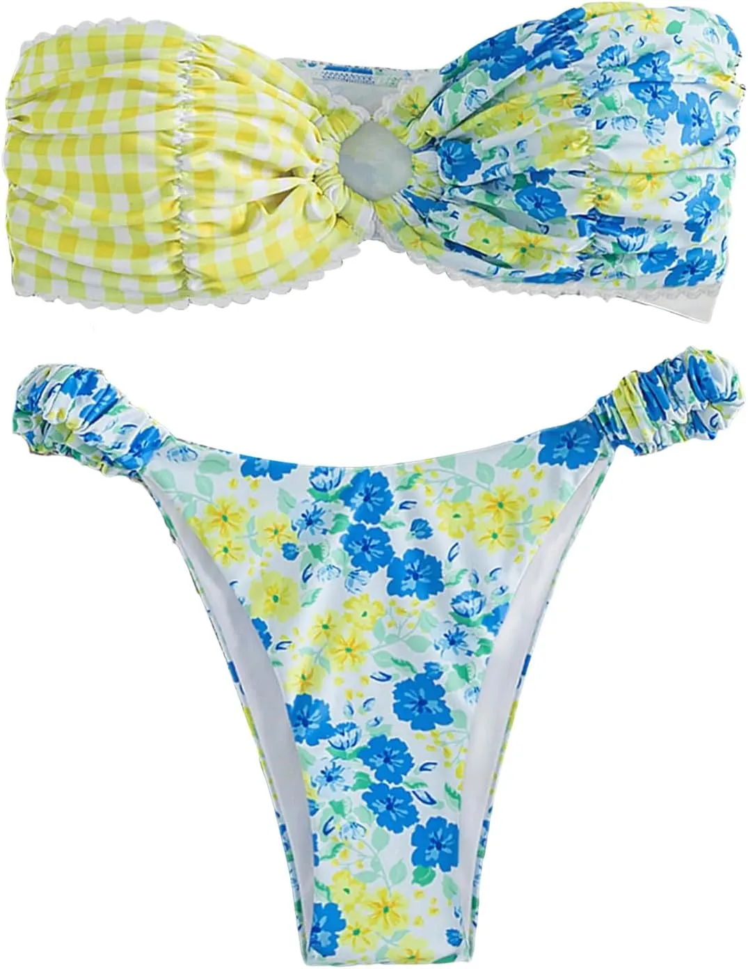 SHENHE Women's 2 Piece Bikini Set Summer Solid Ring Strapless Textured Bathingsuit
