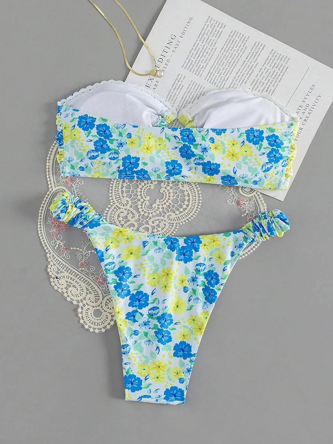 SHENHE Women's 2 Piece Bikini Set Summer Solid Ring Strapless Textured Bathingsuit