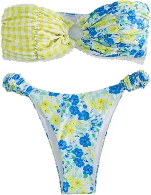 SHENHE Women's 2 Piece Bikini Set Summer Solid Ring Strapless Textured Bathingsuit