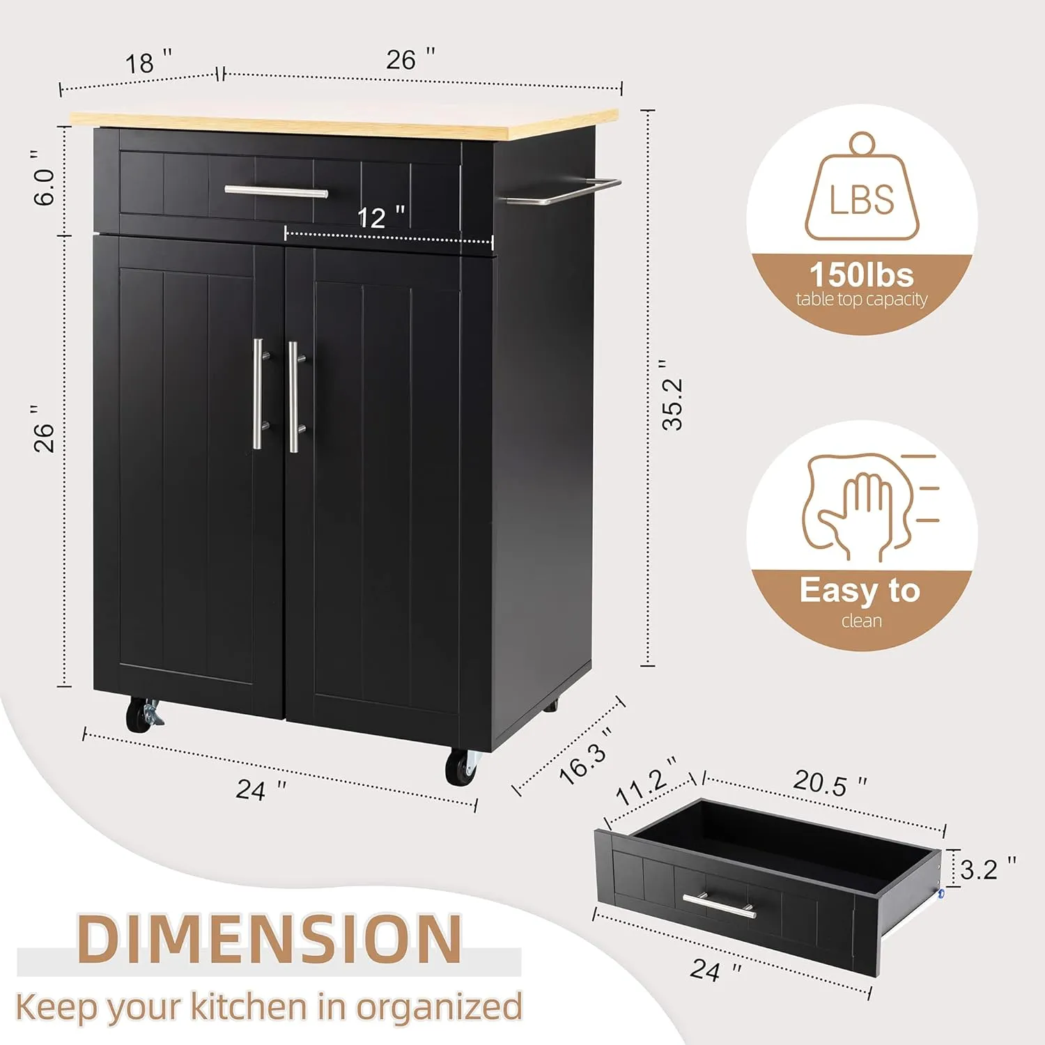 Shintenchi Kitchen Island Cart with Storage,Rolling Kitchen Island Side Table on Wheels with Worktop,Single Door Storage Cabinet and Drawer for Kitchen,Dinning Room, Black