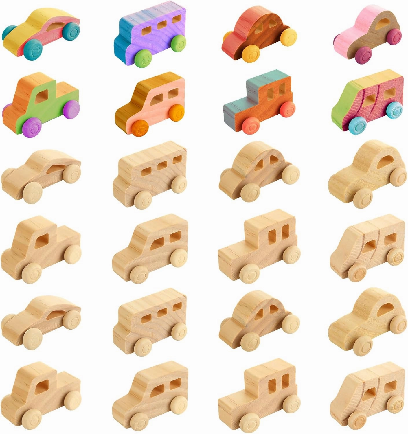 SHUESS 24 Packs Wooden DIY Toy Car Wooden Cars to Paint, Unfinished Wood Cars Crafts for Students Home Activities, Easy Woodworking and Family Time Set